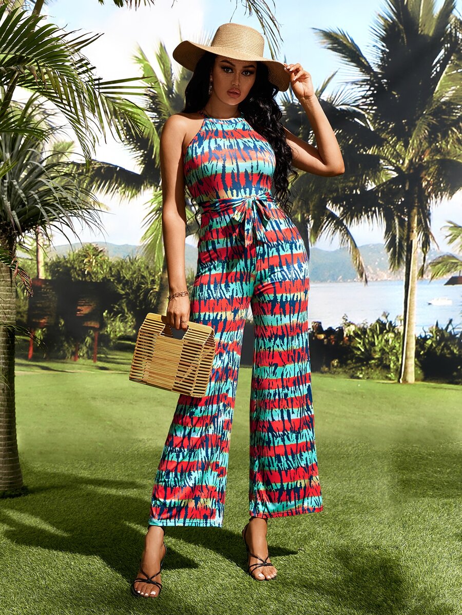 SHEIN SXY 滿版印花繞頸前繫帶連身褲 - 彩色 - 查看 1