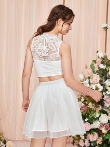 SHEIN 青少年女孩短款網紗背心上衣和半身裙 - 白色 - 查看 2