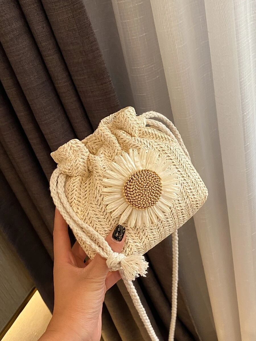 Túi rơm trang trí đính hoa, Ví đeo chéo thiết kế dây rút dễ thương, Túi đeo vai nữ đi biển, Đồ dùng cần thiết cho mùa hè, Hoàn hảo cho kỳ nghỉ & ngày lễ - Màu be - Xem 1