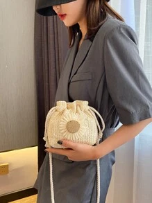 Túi rơm trang trí đính hoa, Ví đeo chéo thiết kế dây rút dễ thương, Túi đeo vai nữ đi biển, Đồ dùng cần thiết cho mùa hè, Hoàn hảo cho kỳ nghỉ & ngày lễ - Màu be - Xem 6