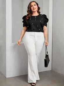 SHEIN Clasi Plus Pearls Beaded Puff Sleeve Blouse - Black - View 4
