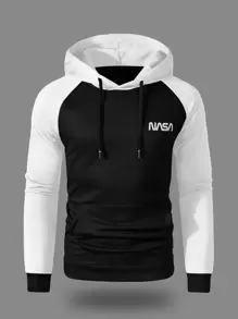 Manfinity Homme Hombres Capucha con estampado de letra de color combinado con bolsillo de canguro con cordón - Blanco y Negro - Ver 1