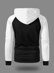 Manfinity Homme Hombres Capucha con estampado de letra de color combinado con bolsillo de canguro con cordón - Blanco y Negro - Ver 2