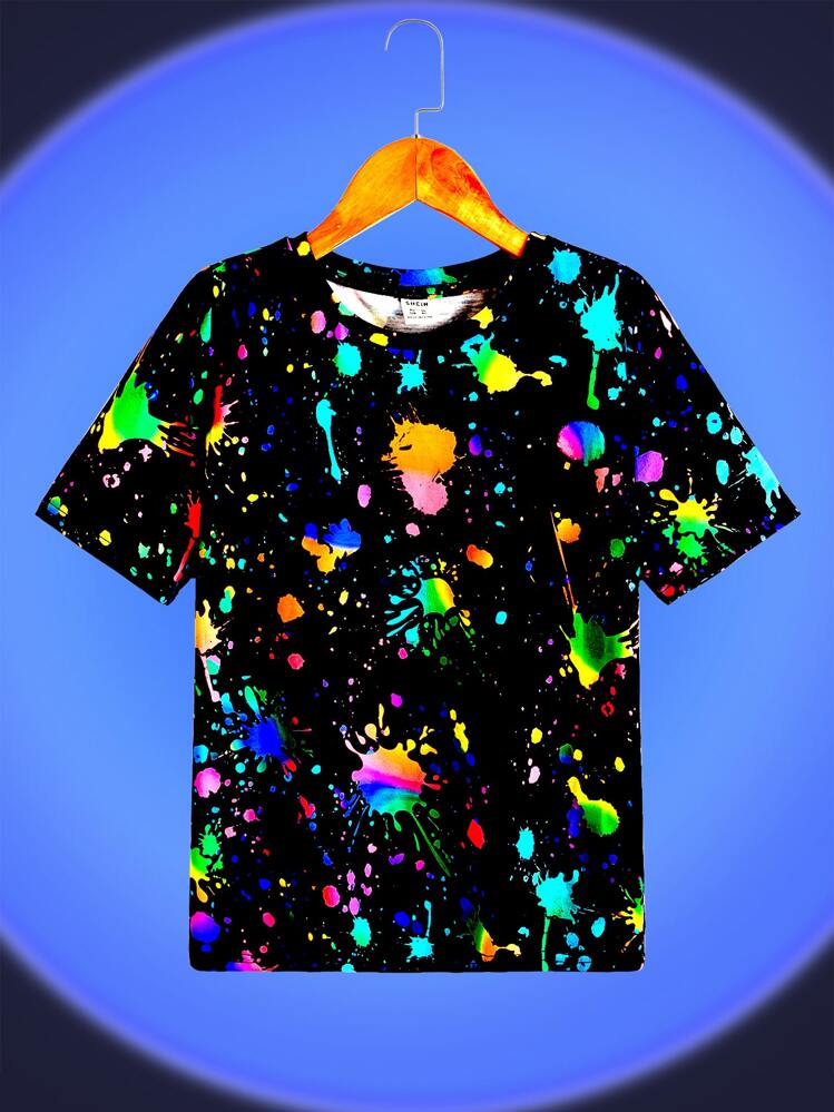 SHEIN Camiseta de manga corta de cuello redondo clásico de ajuste slim de verano para niños preadolescentes con estampado salpicado reflectante - Multicolor - Ver 1