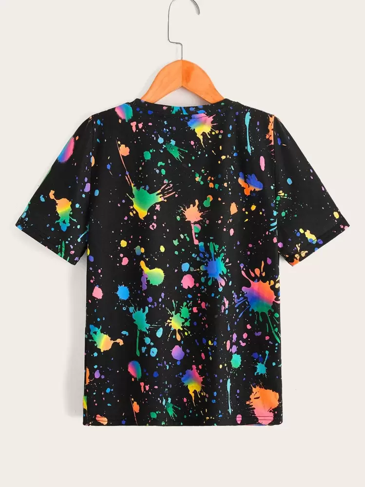 SHEIN Camiseta de manga corta de cuello redondo clásico de ajuste slim de verano para niños preadolescentes con estampado salpicado reflectante - Multicolor - Ver 2