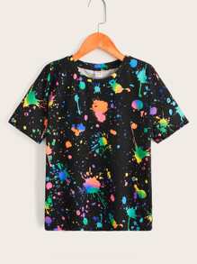 SHEIN Tween Boys' Summer Slim Fit Classic Knit Round Neck Short Sleeve Reflective Splatter Print T-Shirt - Multicolor - View 5