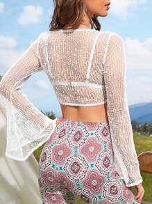 Soleia Knot Front Flounce Sleeve Crop Mesh Top Without Bra - White - View 2