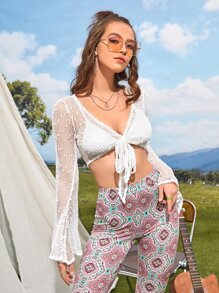 Soleia Knot Front Flounce Sleeve Crop Mesh Top Without Bra - White - View 5