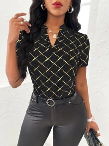 Random Gold Argyle Print Notched Neckline Blouse - Black - View 1
