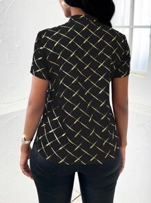 Random Gold Argyle Print Notched Neckline Blouse - Black - View 2