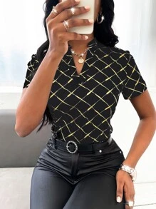 Random Gold Argyle Print Notched Neckline Blouse - Black - View 3