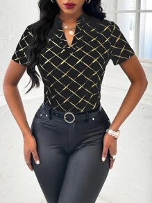 Random Gold Argyle Print Notched Neckline Blouse - Black - View 4