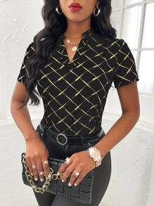 Random Gold Argyle Print Notched Neckline Blouse - Black - View 6