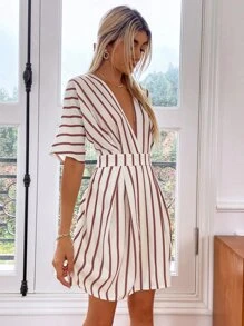 SHEIN VCAY Striped Plunge Neck Fold Pleated Detail Dress - Multicolor - View 3