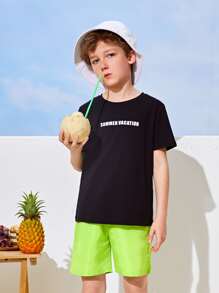 SHEIN Boys Letter Graphic Tee & Shorts - Lime Green - View 4