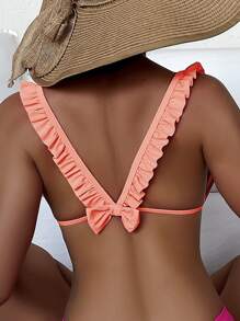 Frill Trim Bow Back Triangle Bikini Top, For Summer Beach Vacation - Coral Pink - View 1