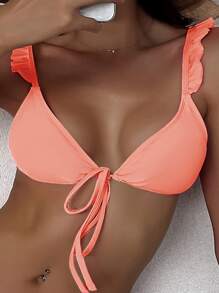 Frill Trim Bow Back Triangle Bikini Top, For Summer Beach Vacation - Coral Pink - View 2