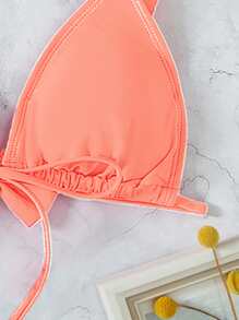 Frill Trim Bow Back Triangle Bikini Top, For Summer Beach Vacation - Coral Pink - View 4