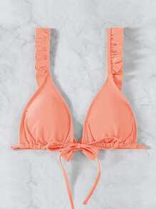 Frill Trim Bow Back Triangle Bikini Top, For Summer Beach Vacation - Coral Pink - View 5