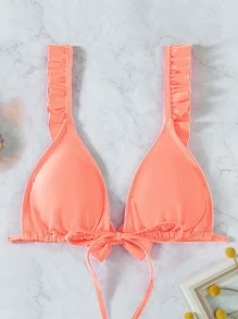 Frill Trim Bow Back Triangle Bikini Top, For Summer Beach Vacation - Coral Pink - View 6