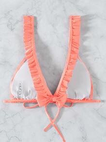 Frill Trim Bow Back Triangle Bikini Top, For Summer Beach Vacation - Coral Pink - View 7
