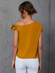 SHEIN Clasi Solid Oblique Shoulder Blouse - Mustard Yellow - View 2