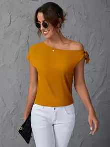 SHEIN Clasi Solid Oblique Shoulder Blouse - Mustard Yellow - View 3