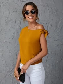 SHEIN Clasi Solid Oblique Shoulder Blouse - Mustard Yellow - View 4