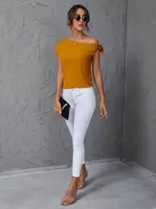 SHEIN Clasi Solid Oblique Shoulder Blouse - Mustard Yellow - View 6