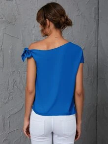 SHEIN Clasi Solid Oblique Shoulder Blouse - Royal Blue - View 2