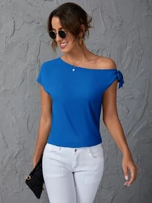 SHEIN Clasi Solid Oblique Shoulder Blouse - Royal Blue - View 6