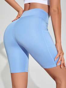 Solid Cycling Shorts With Phone Pocket - Baby Blue - View 2