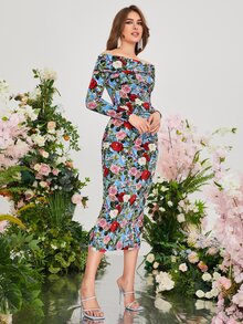 Modelyn Floral Print Off Shoulder Ruched Side Split Back Bodycon Dress - Multicolor - View 3