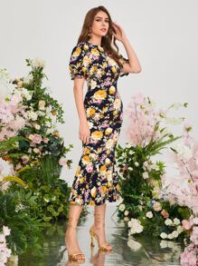 Modelyn Đầm Xù Viên lá sen Dây kéo Hoa Tất cả trên in Thanh lịch - Nhiều màu - Xem 4