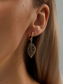 Hollow Out Leaf Drop Earrings - Yellow Gold - View 1