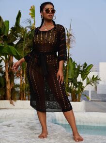 SHEIN Swim Curve Plus Hollow-out Cover Up - Black - View 4