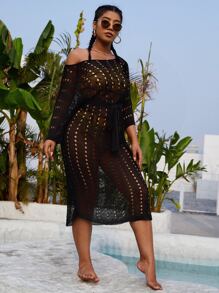 SHEIN Swim Curve Plus Hollow-out Cover Up - Black - View 1