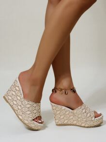 印花金屬亮絲坡跟涼鞋 - 米色 - 查看 1