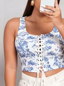 SHEIN EZwear Áo hai dây Plus Size Ren lên Thùa khuyết Con số Thực vật Giải trí - Xanh và trắng - Xem 4