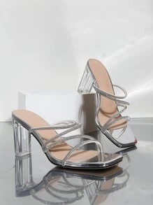 Women Rhinestone Decor Chunky Heeled Sandals, Glamorous Open Toe Mule Sandals - Silver - View 5