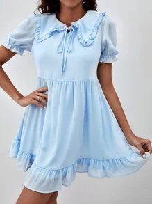 SHEIN Peter-pan Collar Ruffle Trim Smock Dress - Baby Blue - View 1