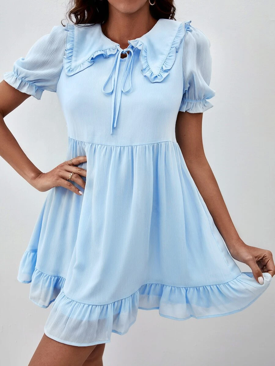 SHEIN Peter-pan Collar Ruffle Trim Smock Dress - Baby Blue - View 1