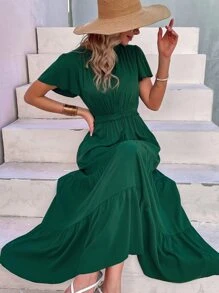 Breezaya Vestido de manga mariposa bajo con fruncido - Verde Oscuro - Ver 1