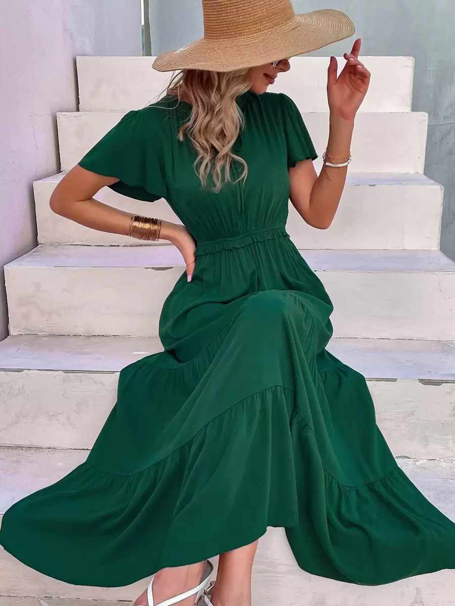 Breezaya Vestido de manga mariposa bajo con fruncido - Verde Oscuro - Ver 1