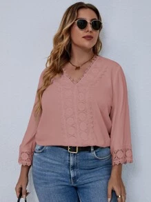 SHEIN Clasi 大碼拼接水溶蕾絲襯衫 - 粉色 - 查看 1