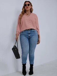 SHEIN Clasi 大碼拼接水溶蕾絲襯衫 - 粉色 - 查看 3