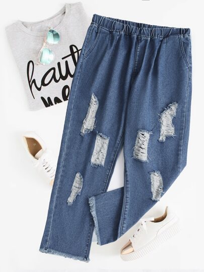 Plus Ripped Elastic Waist Jeans