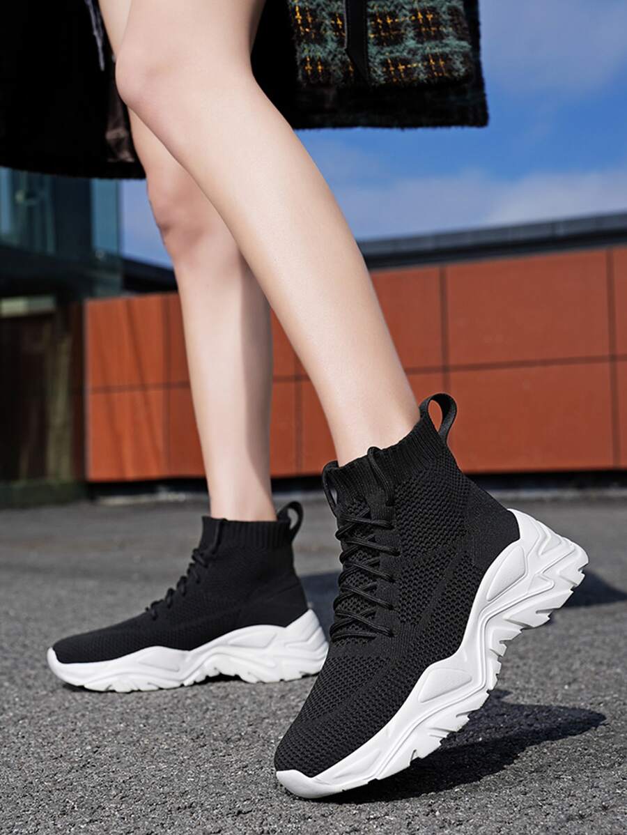 Minimalist Lace-up Front Sock Sneakers - Black - View 1