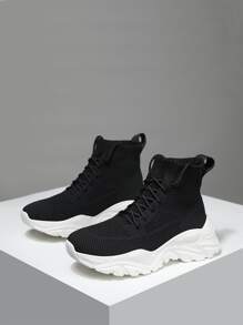 Minimalist Lace-up Front Sock Sneakers - Black - View 2
