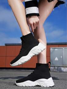 Minimalist Lace-up Front Sock Sneakers - Black - View 3